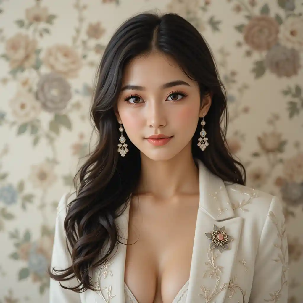Young Asian woman in white blazer portrait against floral wall