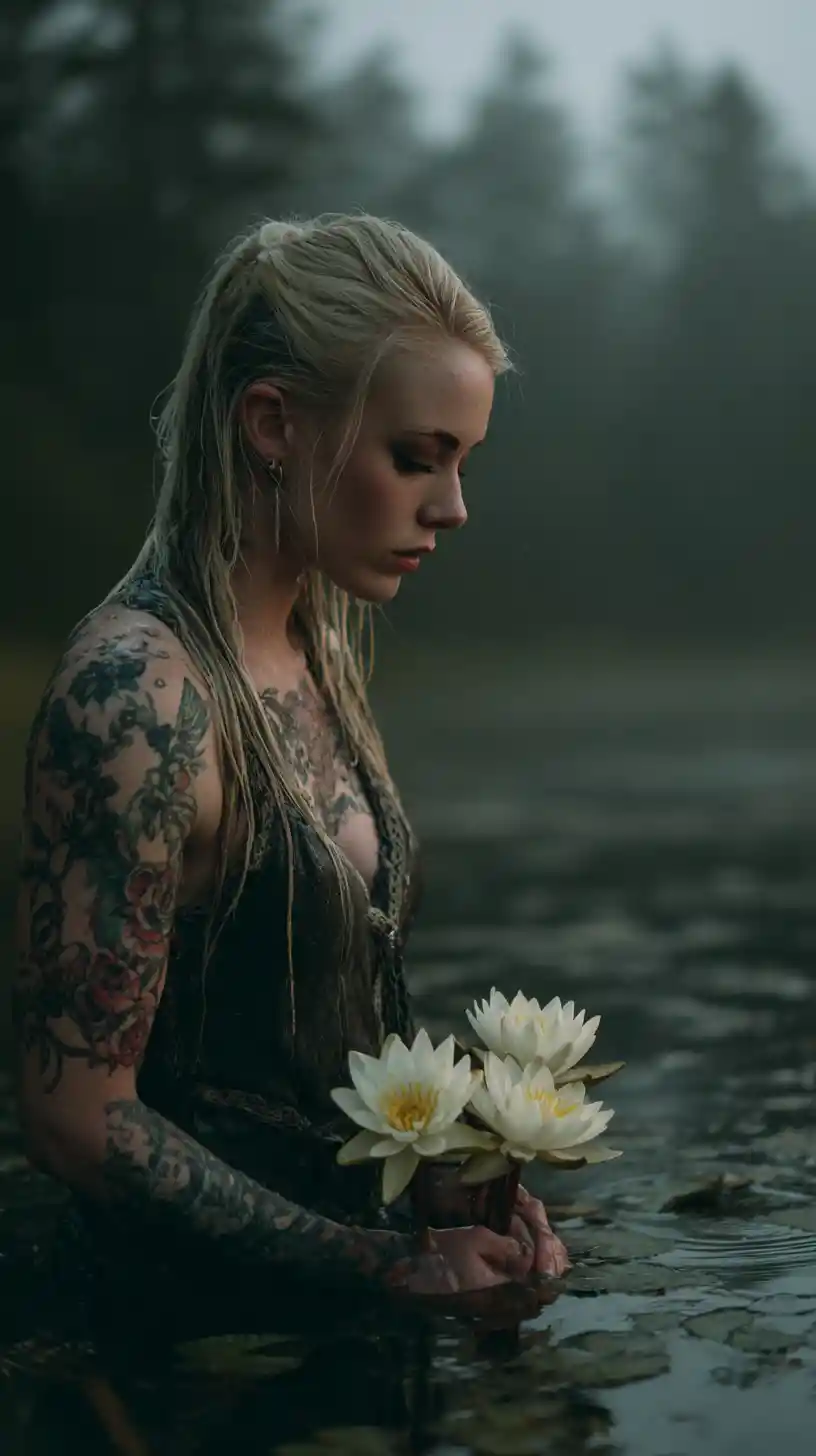 Tätowierte blonde Frau steht in einem nebligen See bei Sonnenaufgang