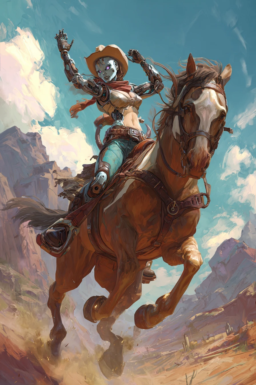 Cyborg cowgirl riding a rearing horse in desert dust