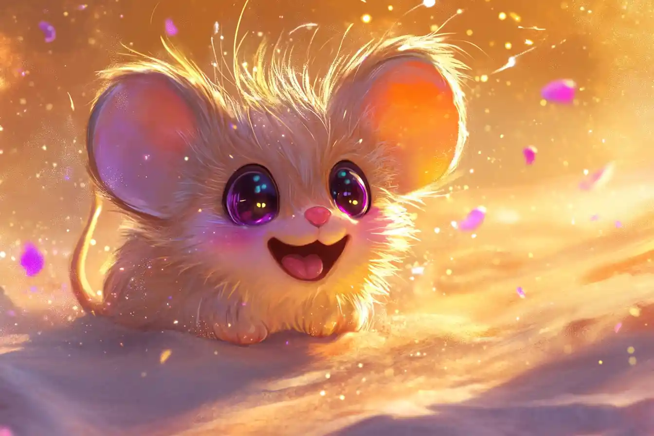 Allegro topolino chibi che rotola nella sabbia scintillante del deserto