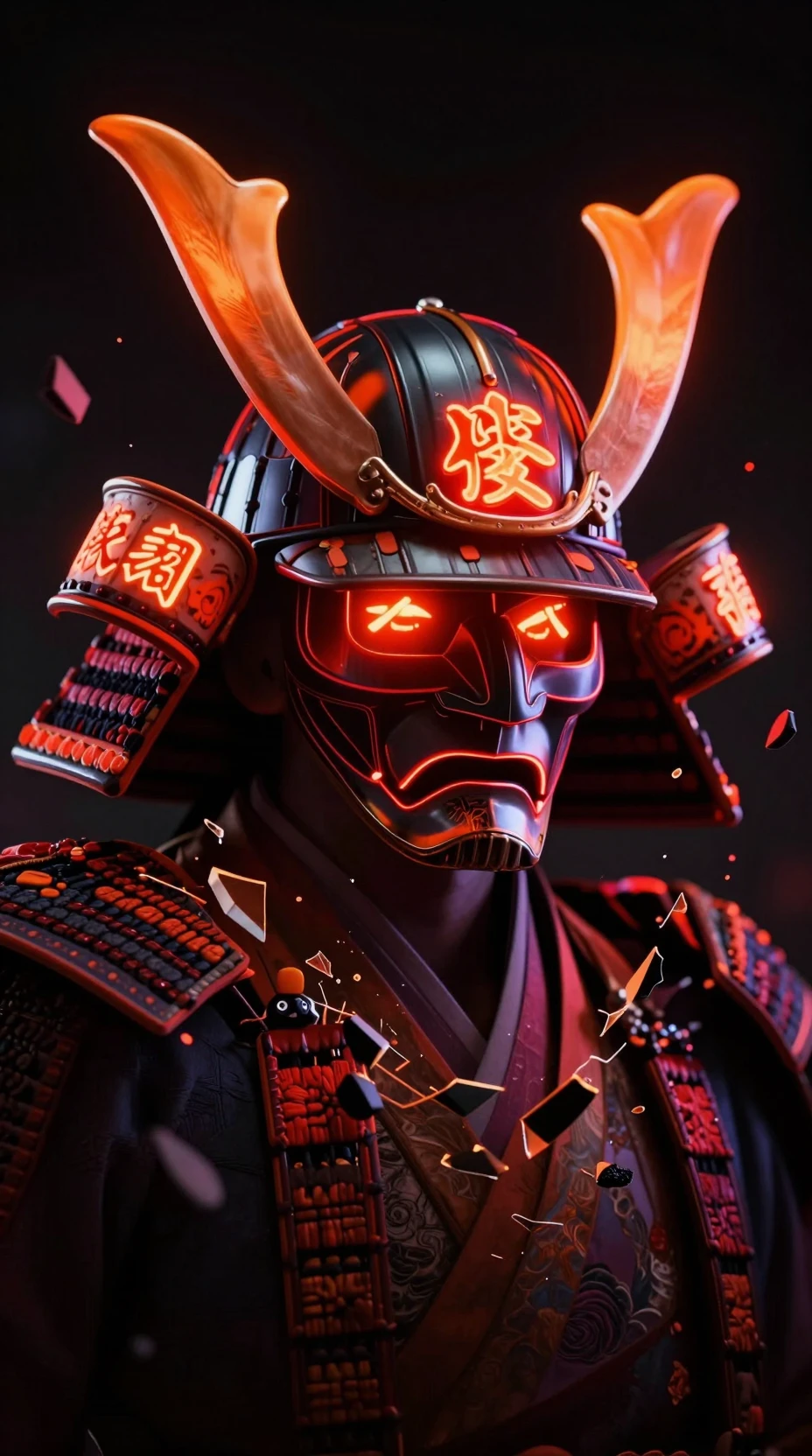 從黑暗虛空中衝出的霓虹之角武士頭盔