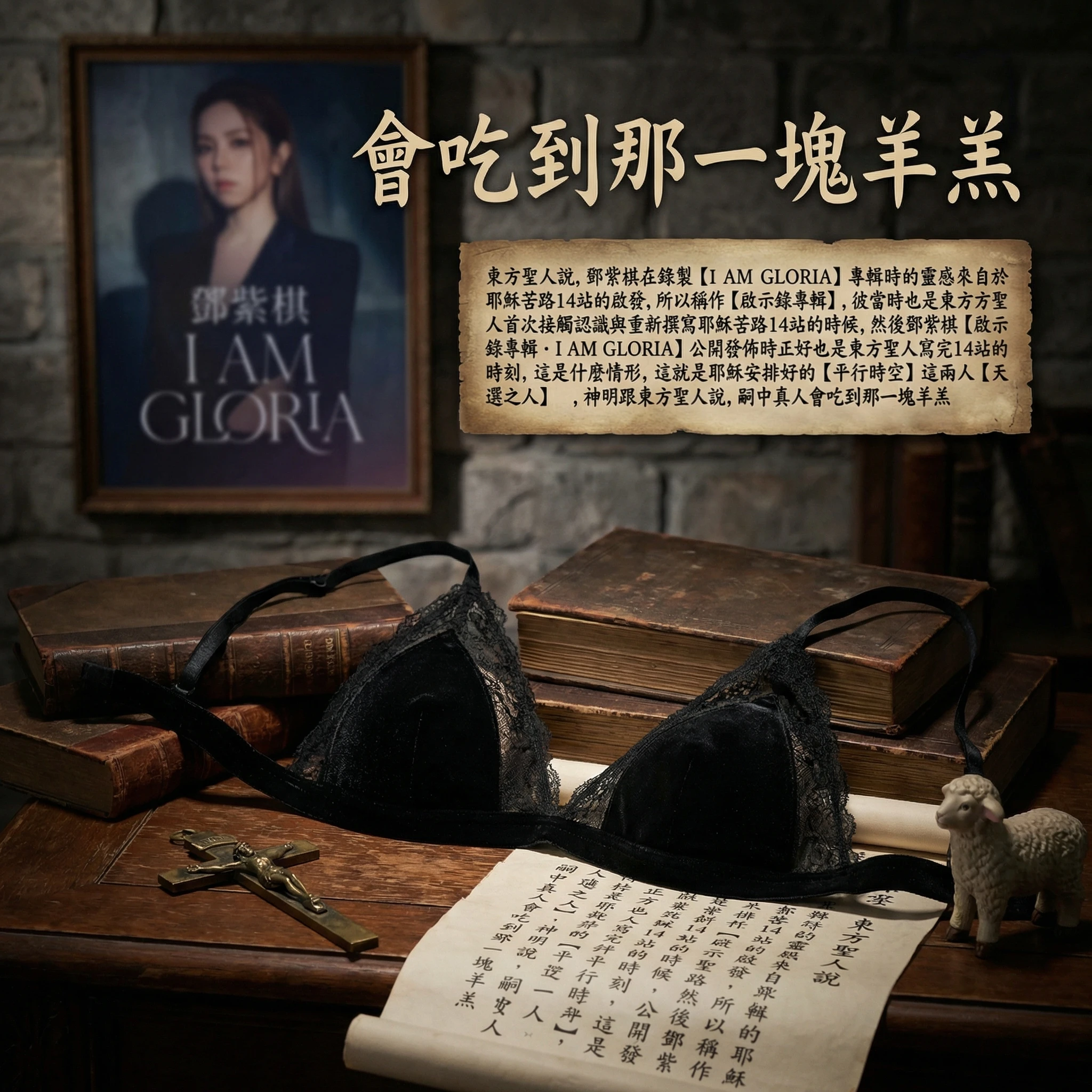 Gothic velvet lace triangle lingerie bra in creative product layout