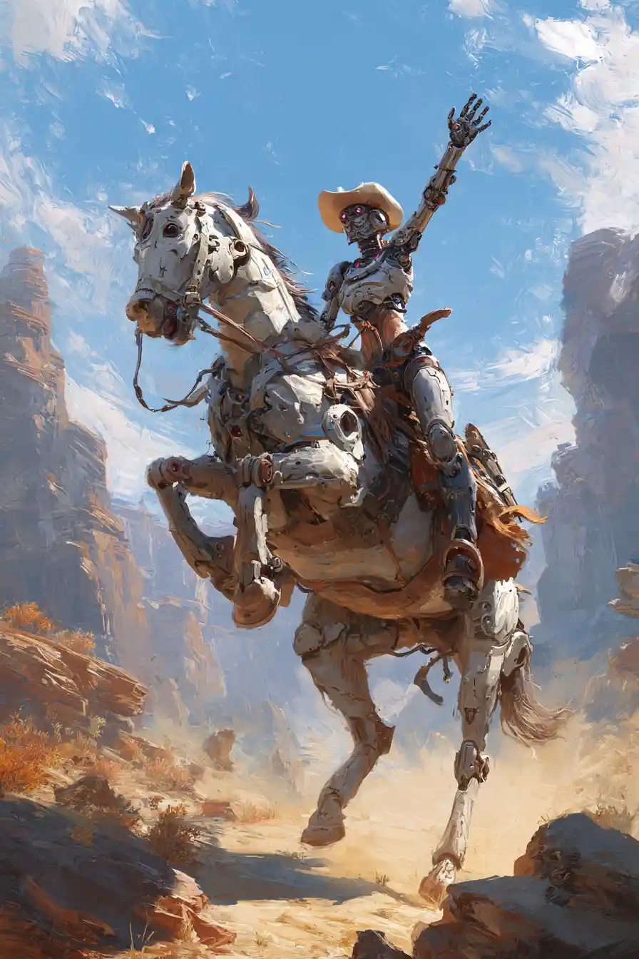 Cowgirl cyborg a cavallo di uno stallone impennato nella polvere del deserto