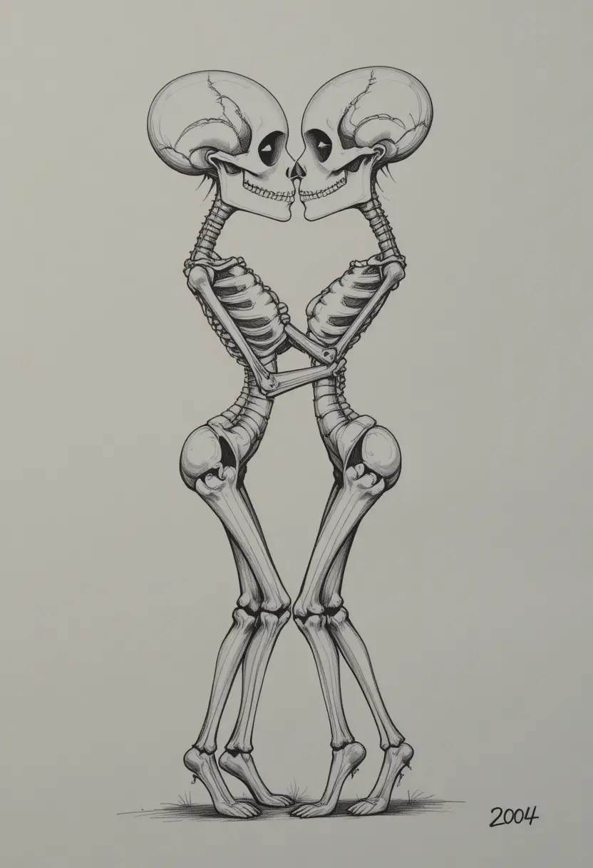 Two intertwined skeletons sharing an intimate romantic kiss