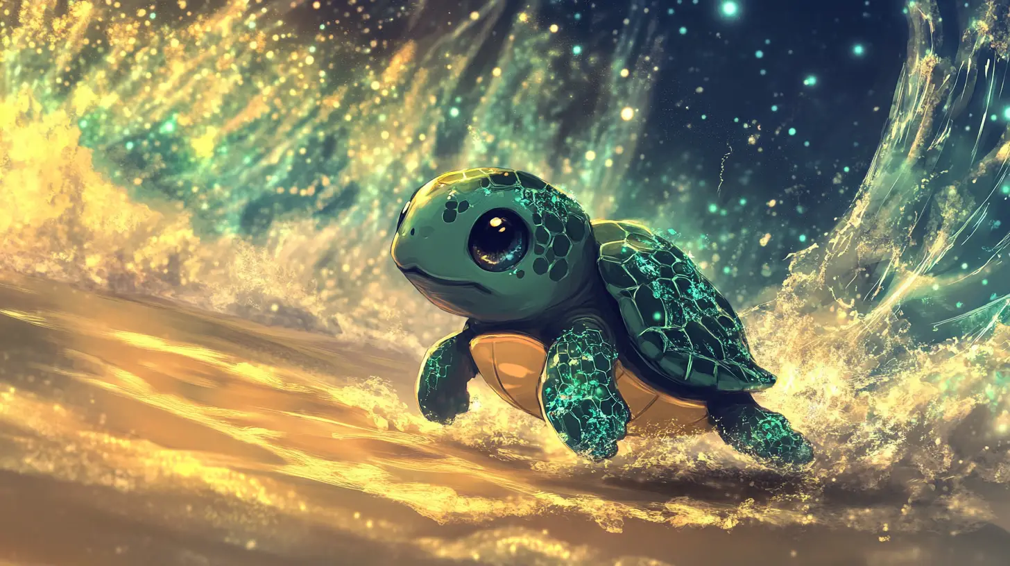 Surreal chibi turtle on luminous dreamlike tropical beach