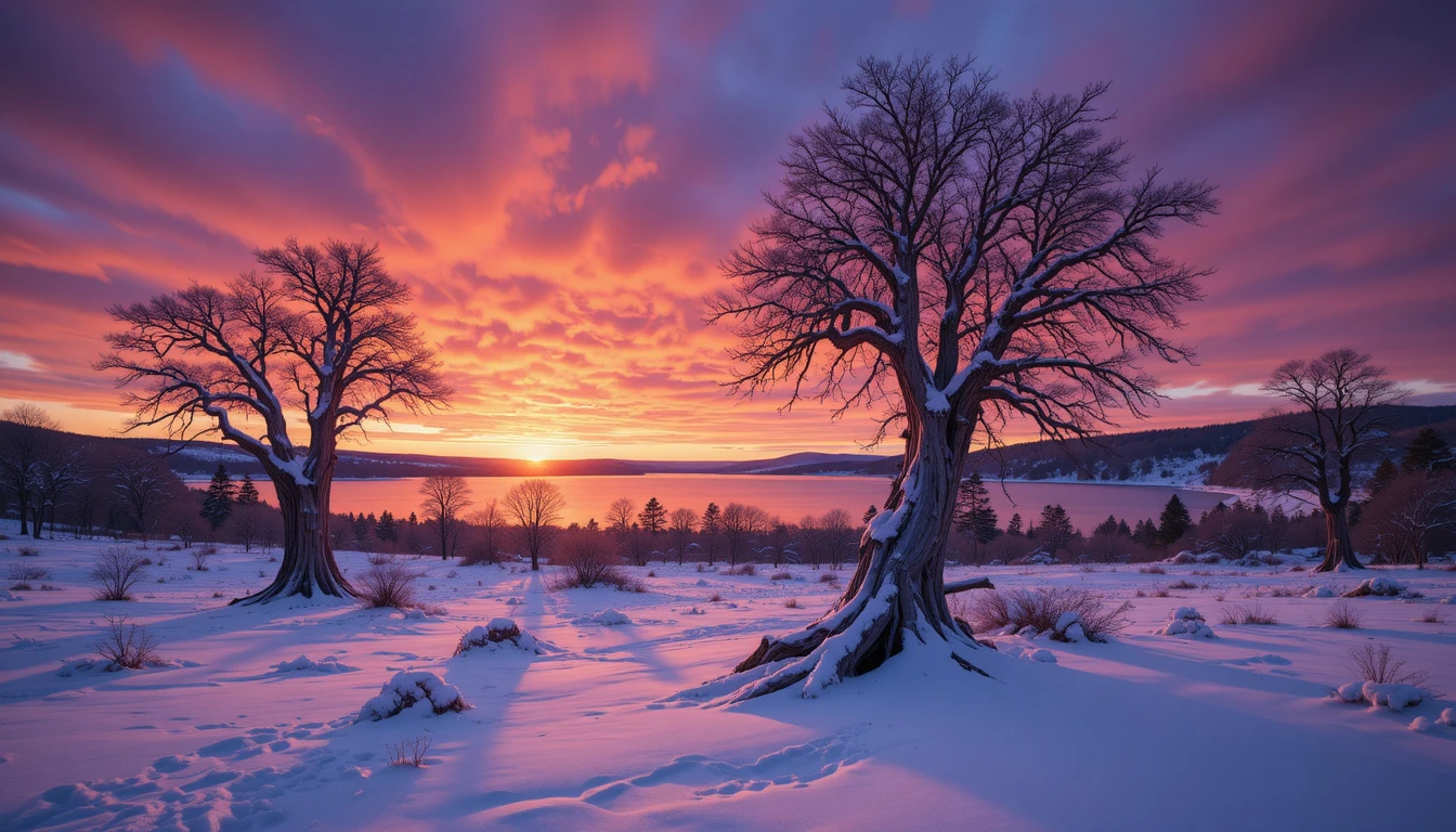 Pôr do sol sobre árvores nevadas e lago distante refletindo o céu