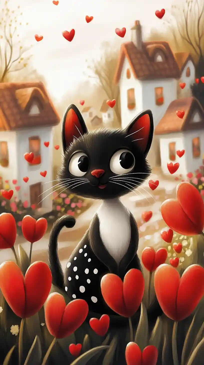Smiling polka dot cats among red tulips and hearts