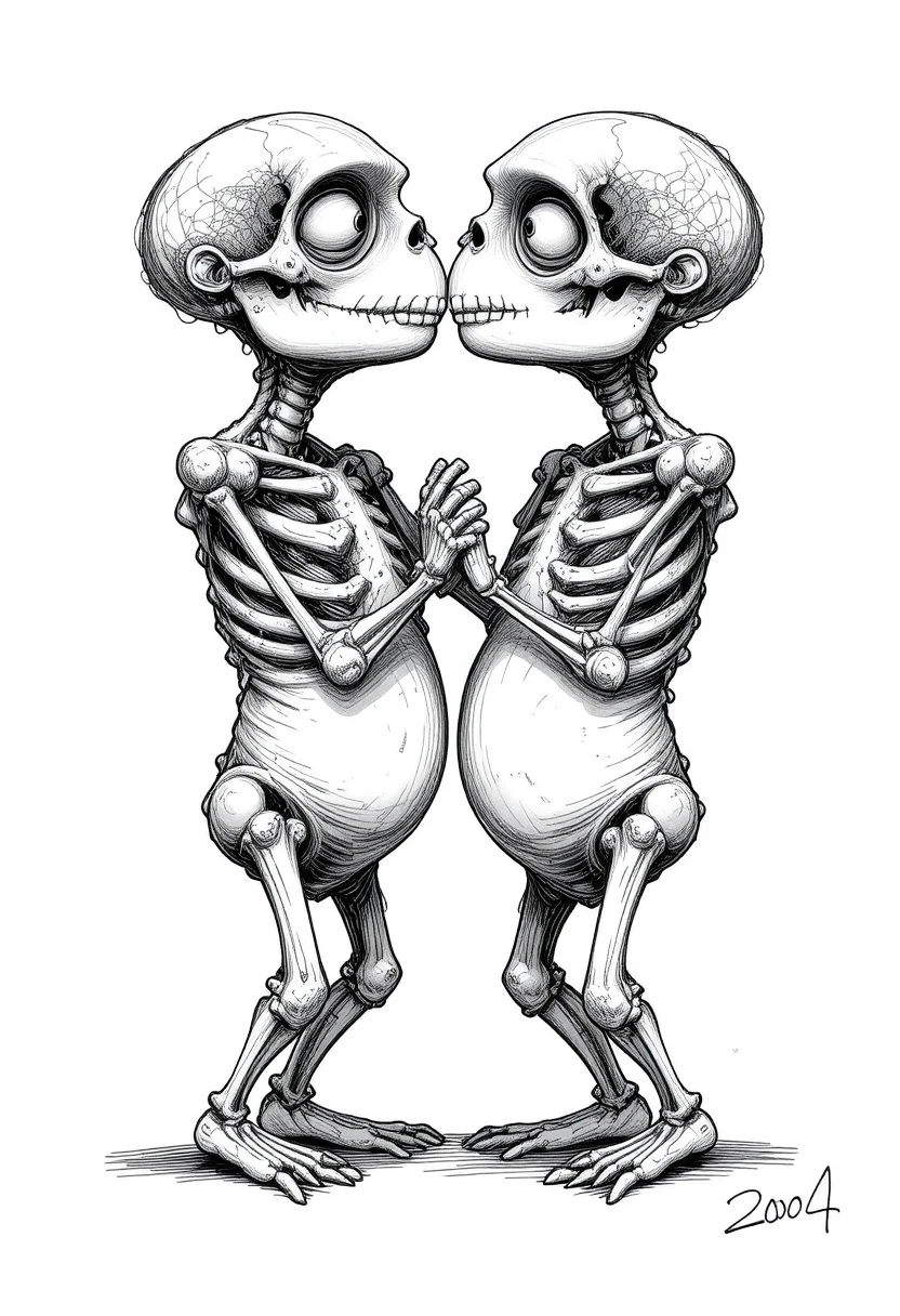Dos esqueletos entrelazados compartiendo un beso en blanco y negro