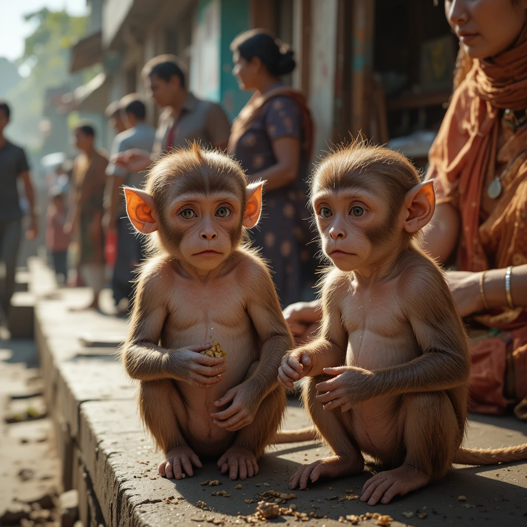 Mujer alimentando a dos monos bebés en una calle urbana de la India