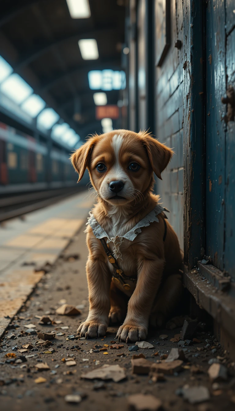 Cachorro solitario con ropa rota en una esquina tranquila de la estación de tren