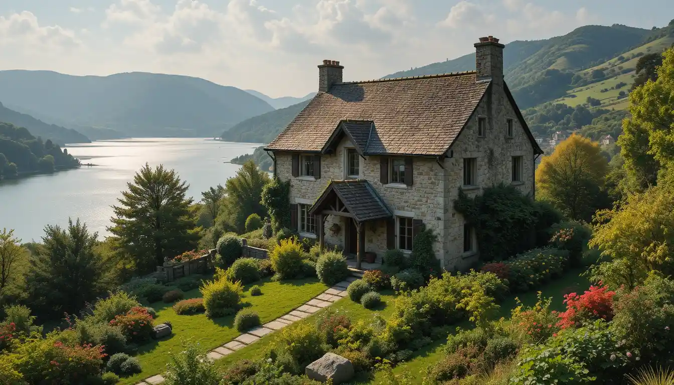 Quaint stone house by a serene lake in golden light