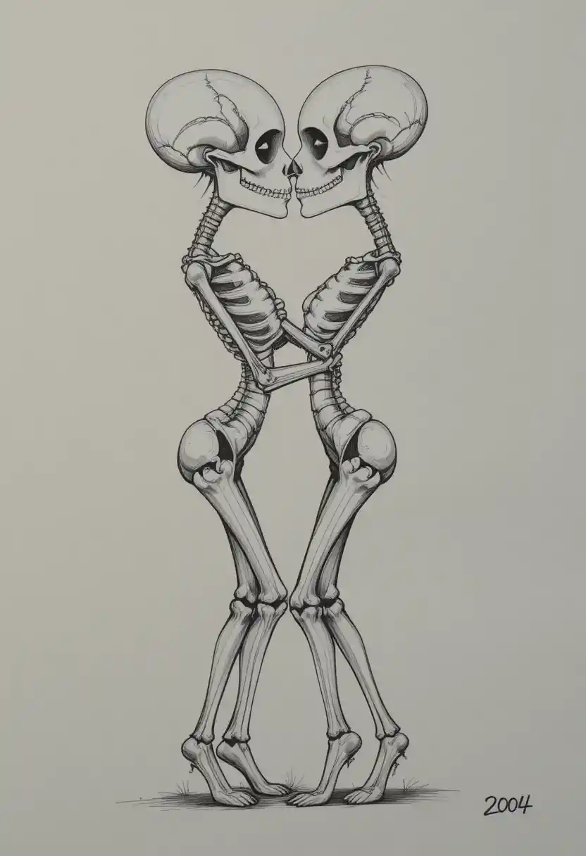 Two intertwined skeletons sharing an intimate romantic kiss