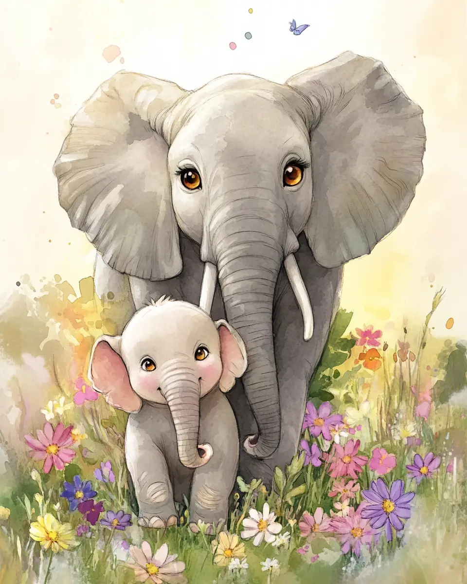 Watercolor mother and baby elephants in sunny flower meadow