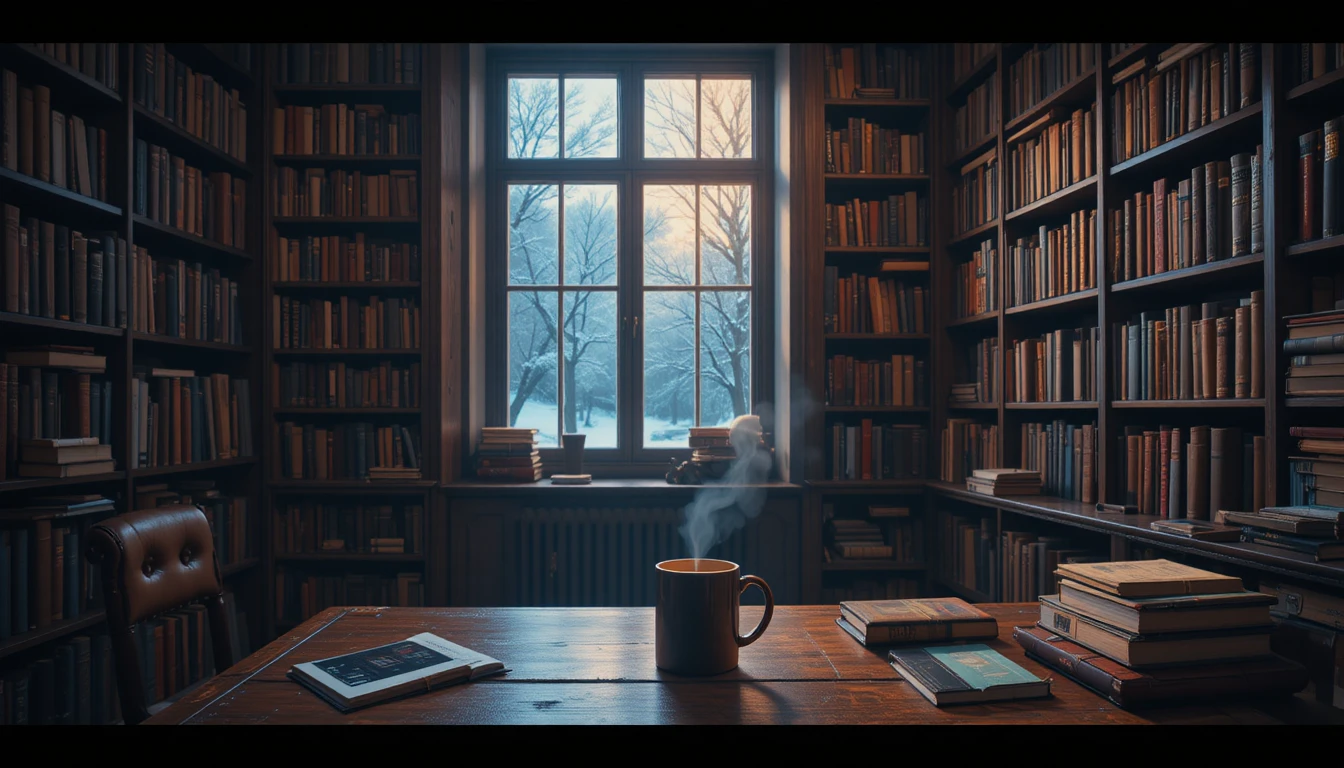 Estudio acogedor con taza de café y nieve fuera de la ventana