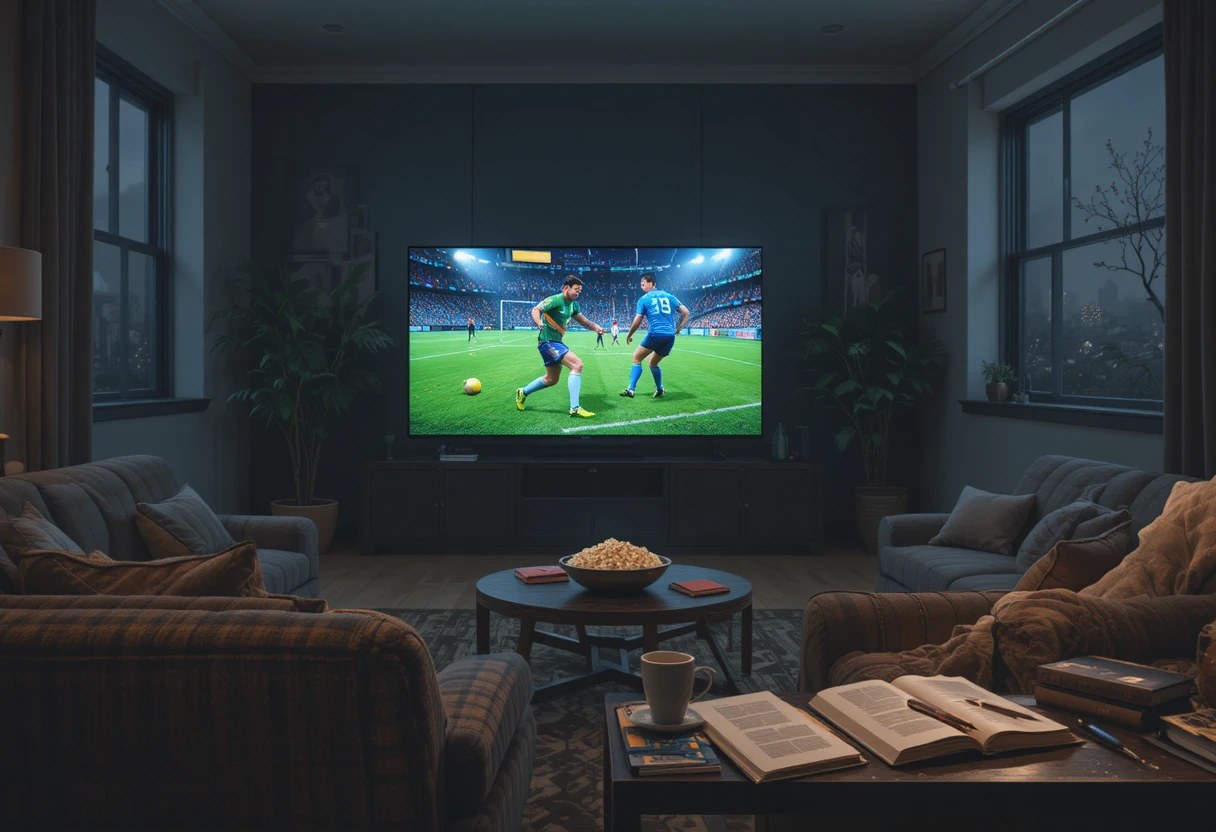 Cozy living room with sofa facing glowing tv screen