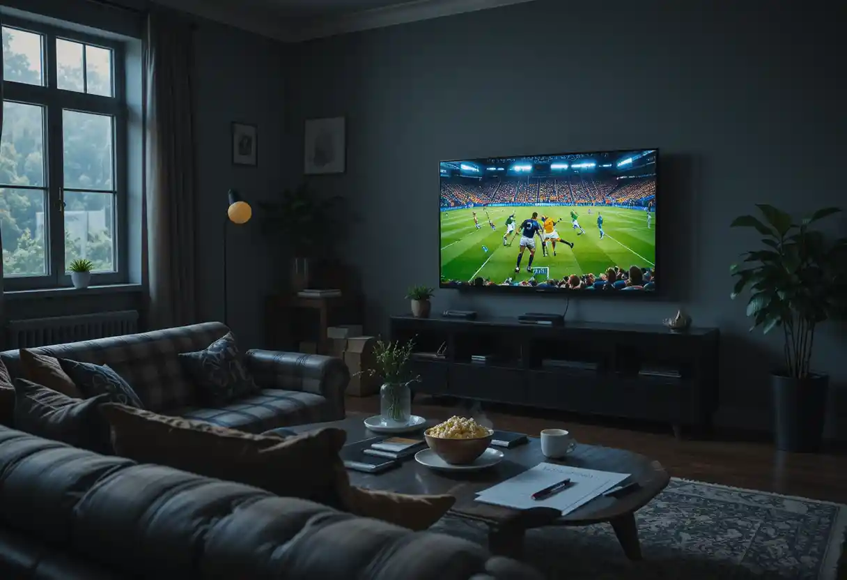 Cozy living room with sofa facing glowing television screen