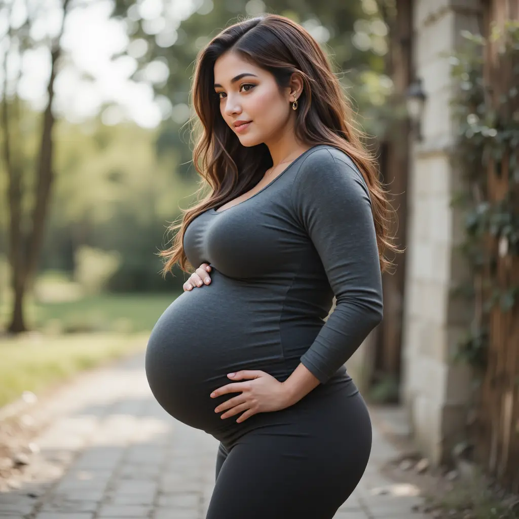 Pregnant young mother in side view with loving gentle expression