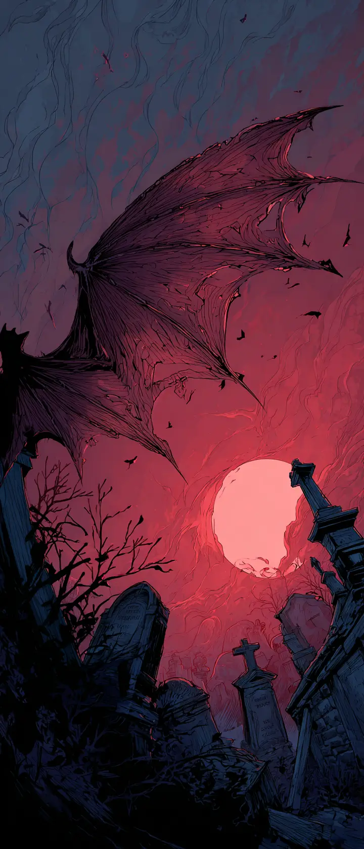 Bat Silhouette Over Moonlit Victorian Cemetery At Night
