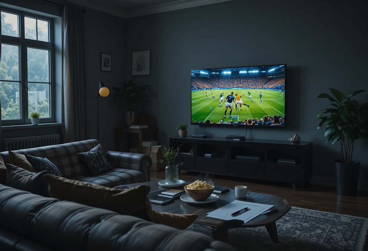 Cozy living room with sofa facing glowing television screen