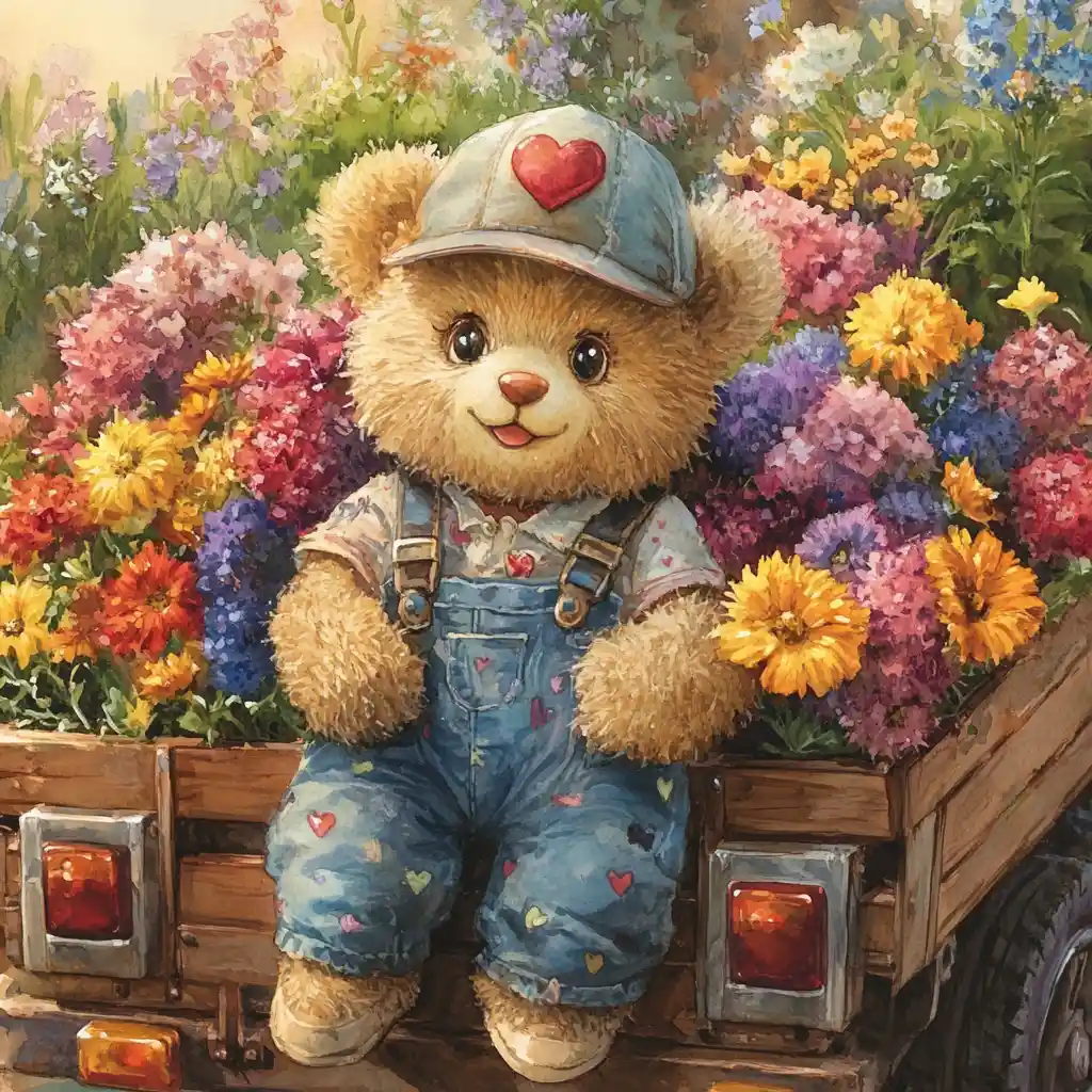 Cute teddy bear driving a flower filled truck illustration