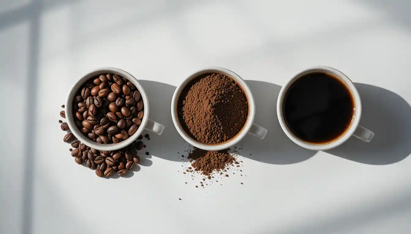 Fila minimalista dall’alto con tre tazze di caffè bianche