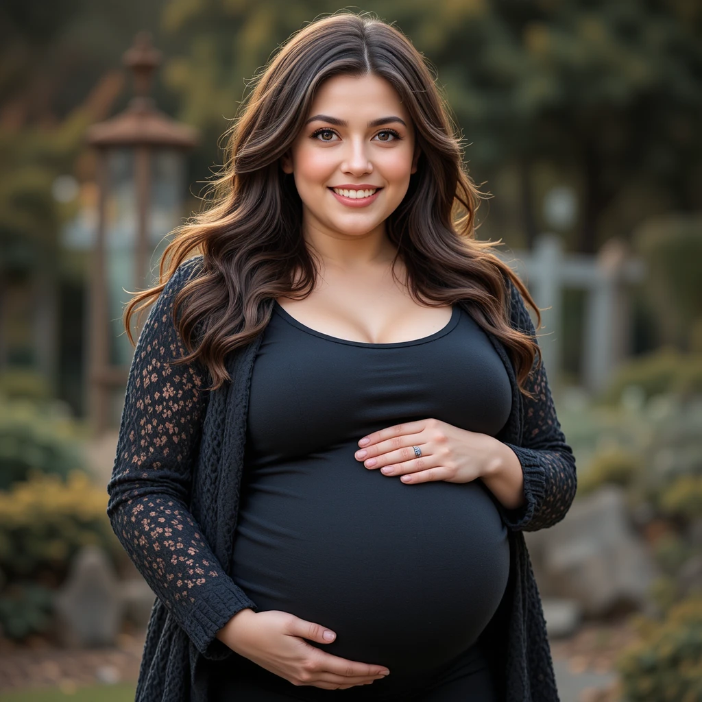 Liebevolle junge Mutter, die im Freien ihren großen Babybauch wiegt