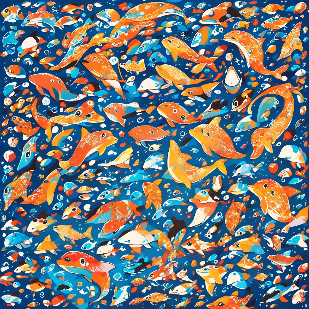 Playful dolphin family swimming together in a colorful ocean