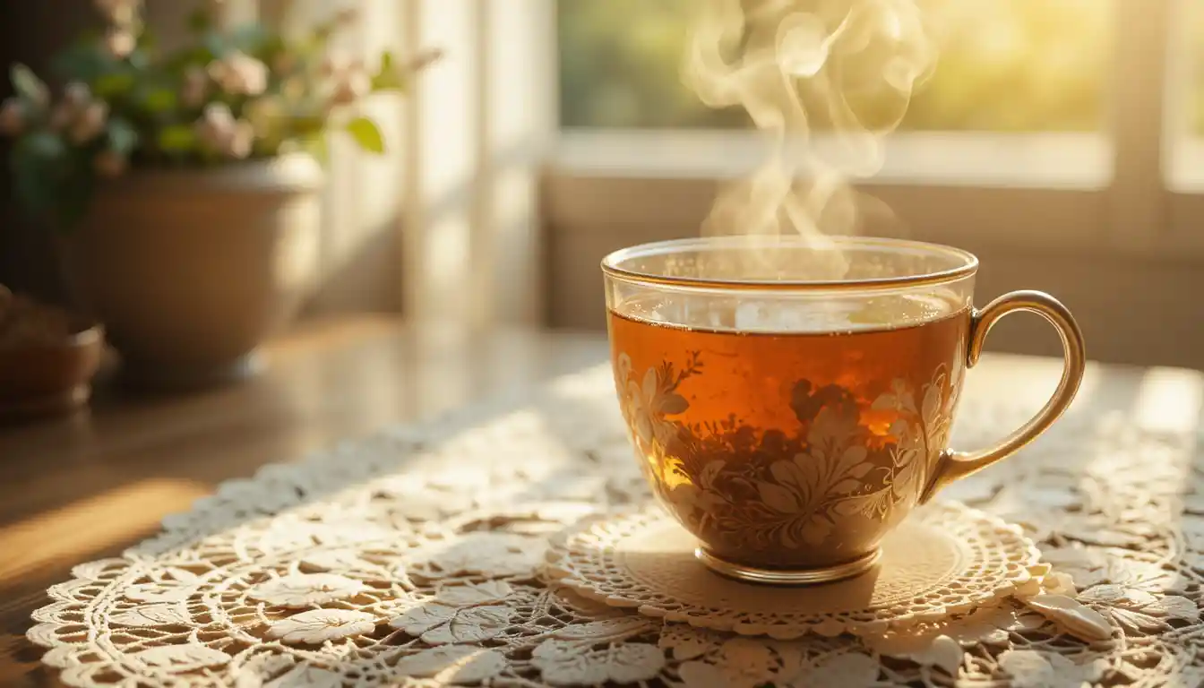 Vintage teacup of herbal infusion in warm window sunlight