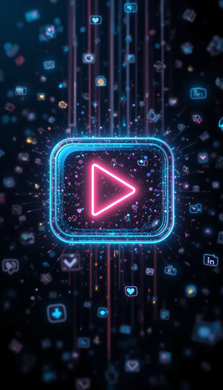 Glowing Neon Play Button Floating In Dark Abstract Space