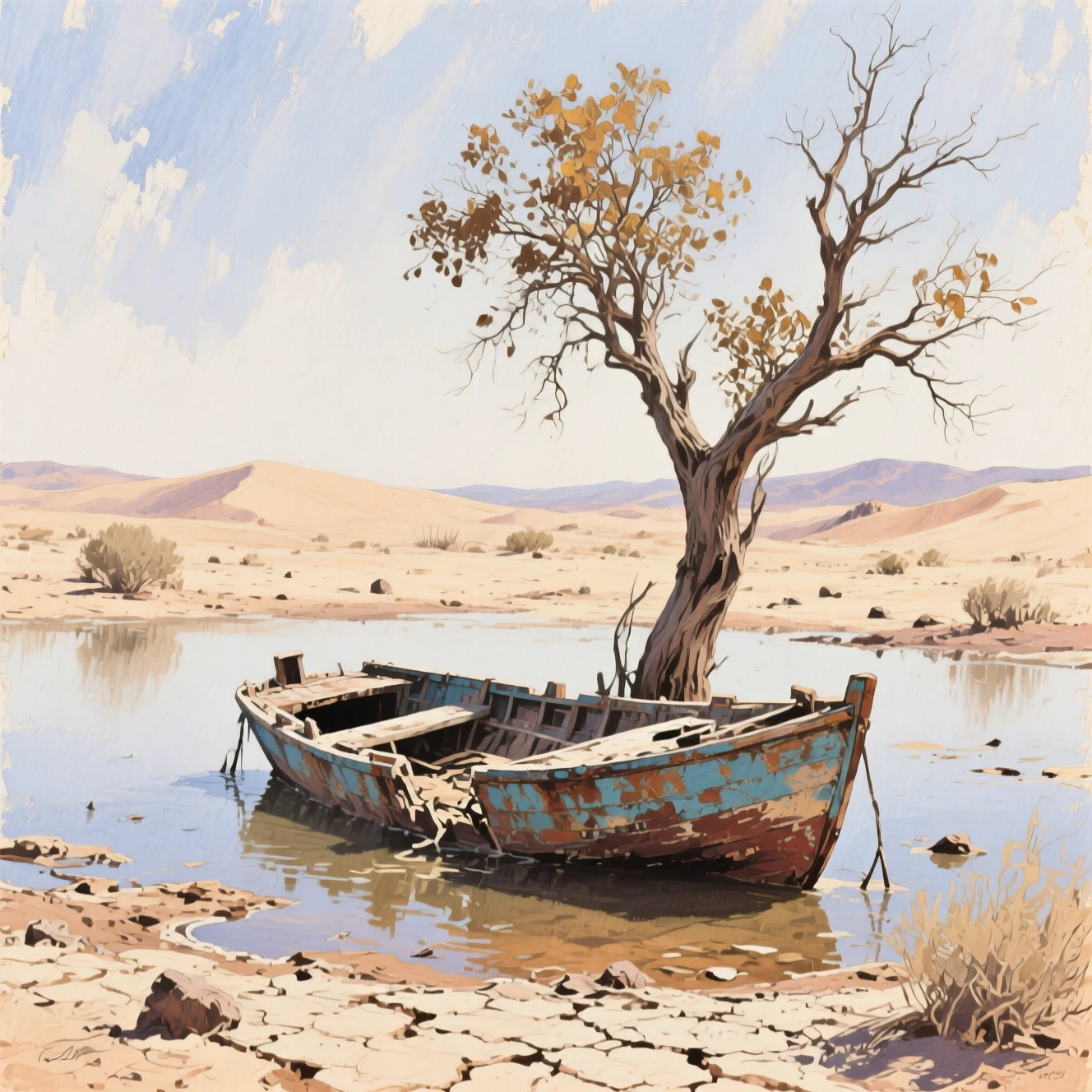 Oil painting of a decaying rowboat in a dry desert lakebed