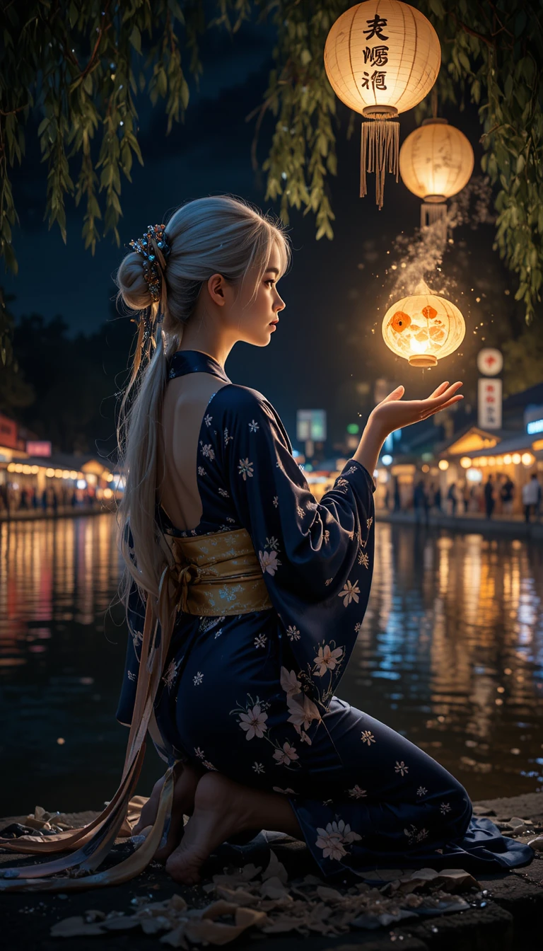 Giovane strega accanto a un lago luminoso durante un festival estivo