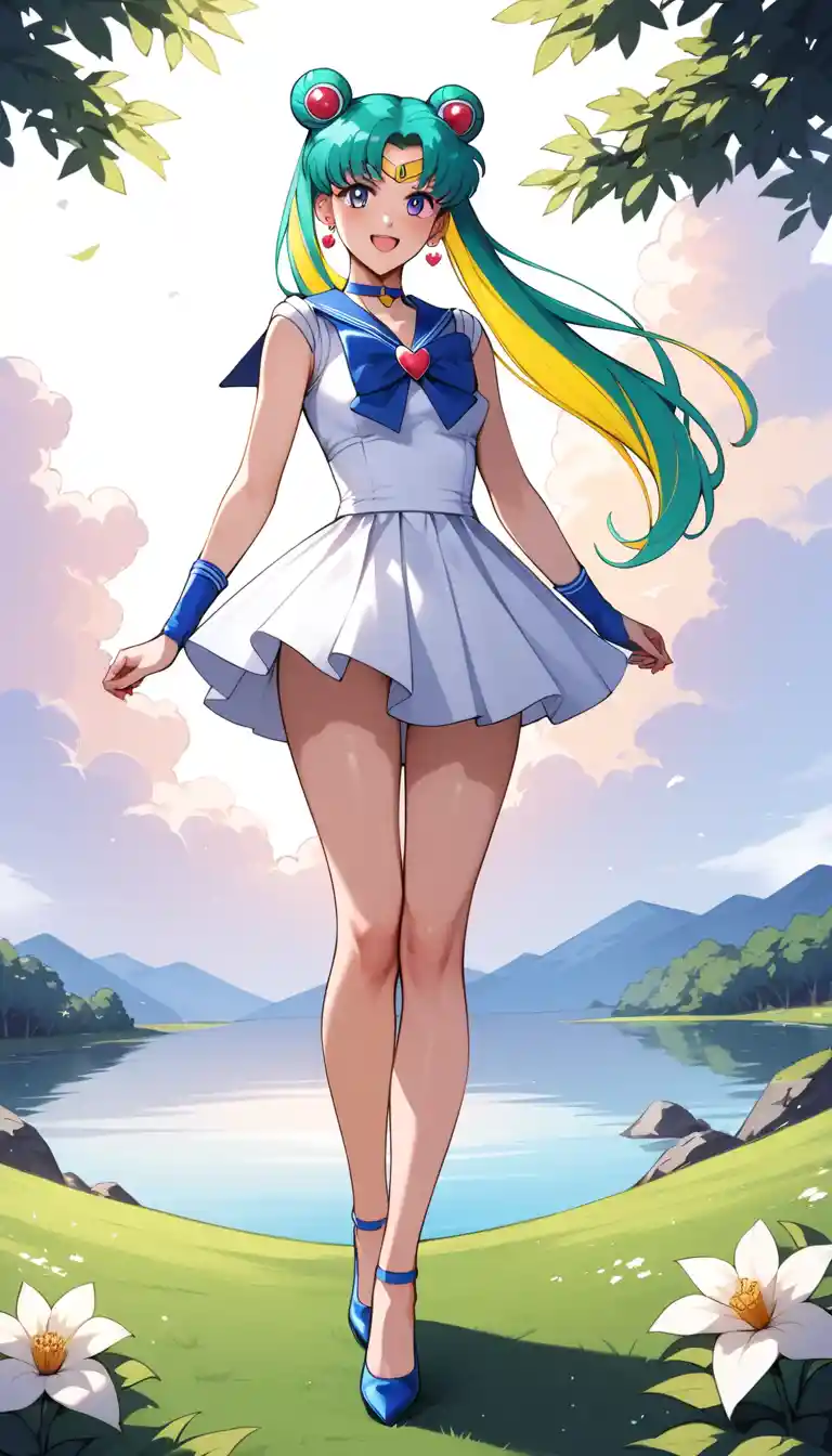 Fille d’anime debout sous un ciel dégagé au lever du soleil