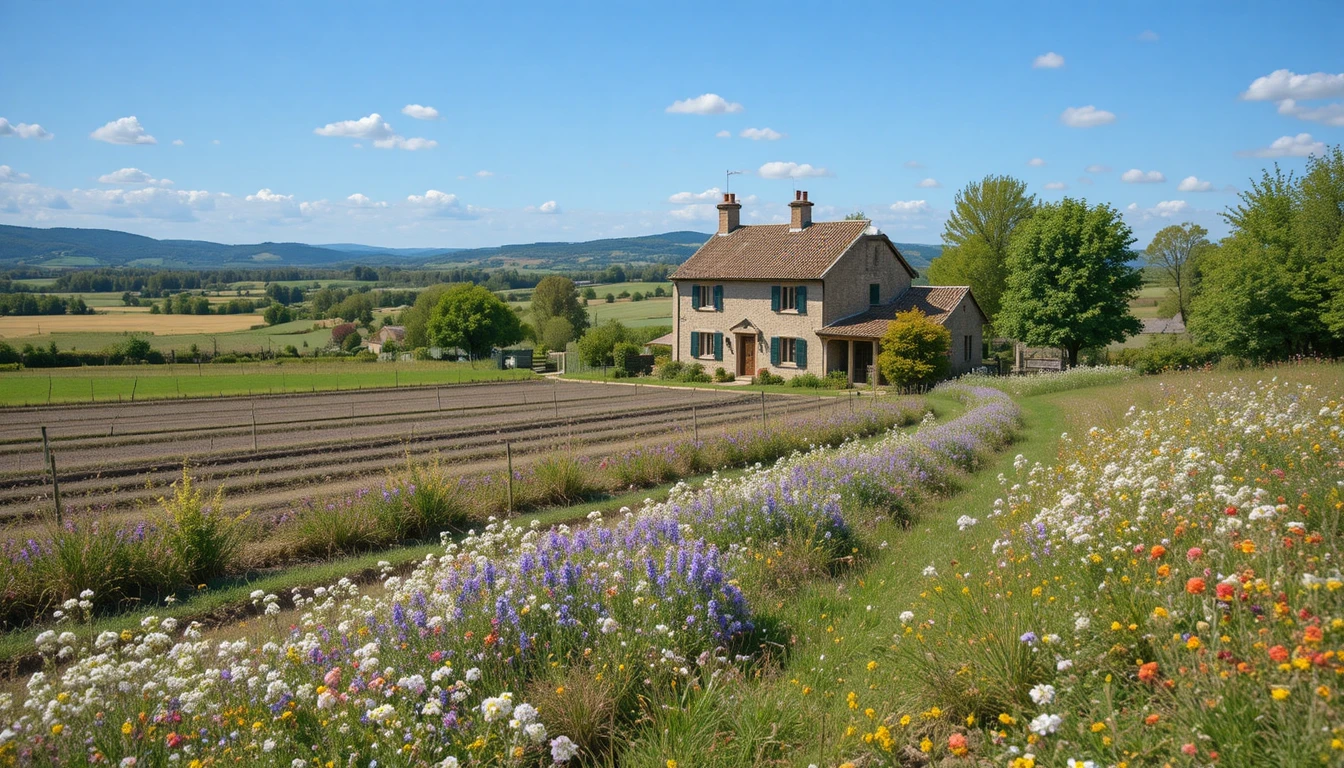 Casa de campo de piedra con campos en un entorno rural tranquilo