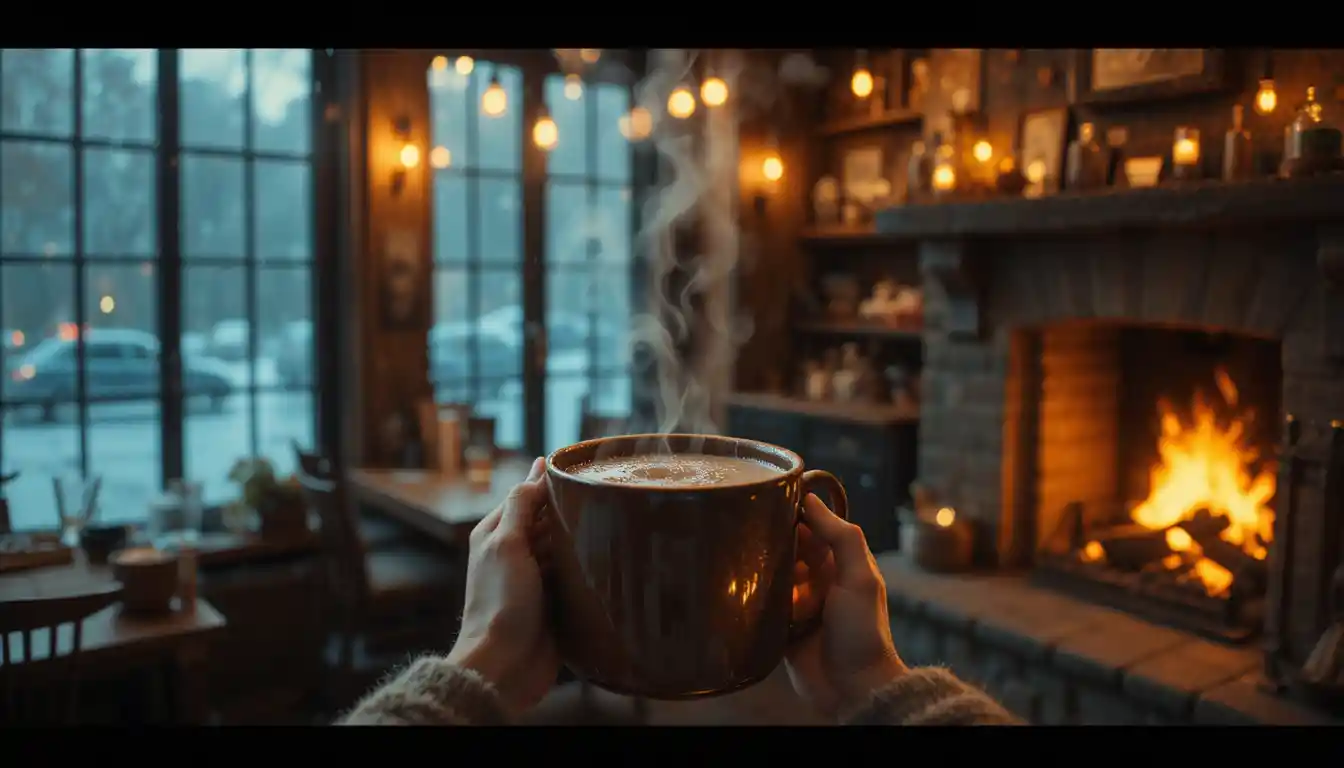 Acogedora cafetería con manos sosteniendo taza humeante junto a la chimenea