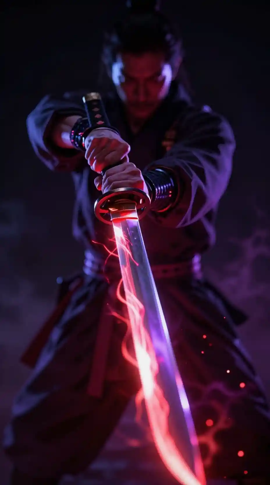 Samouraï cybernétique pointant son katana vers le spectateur sous une lumière néon