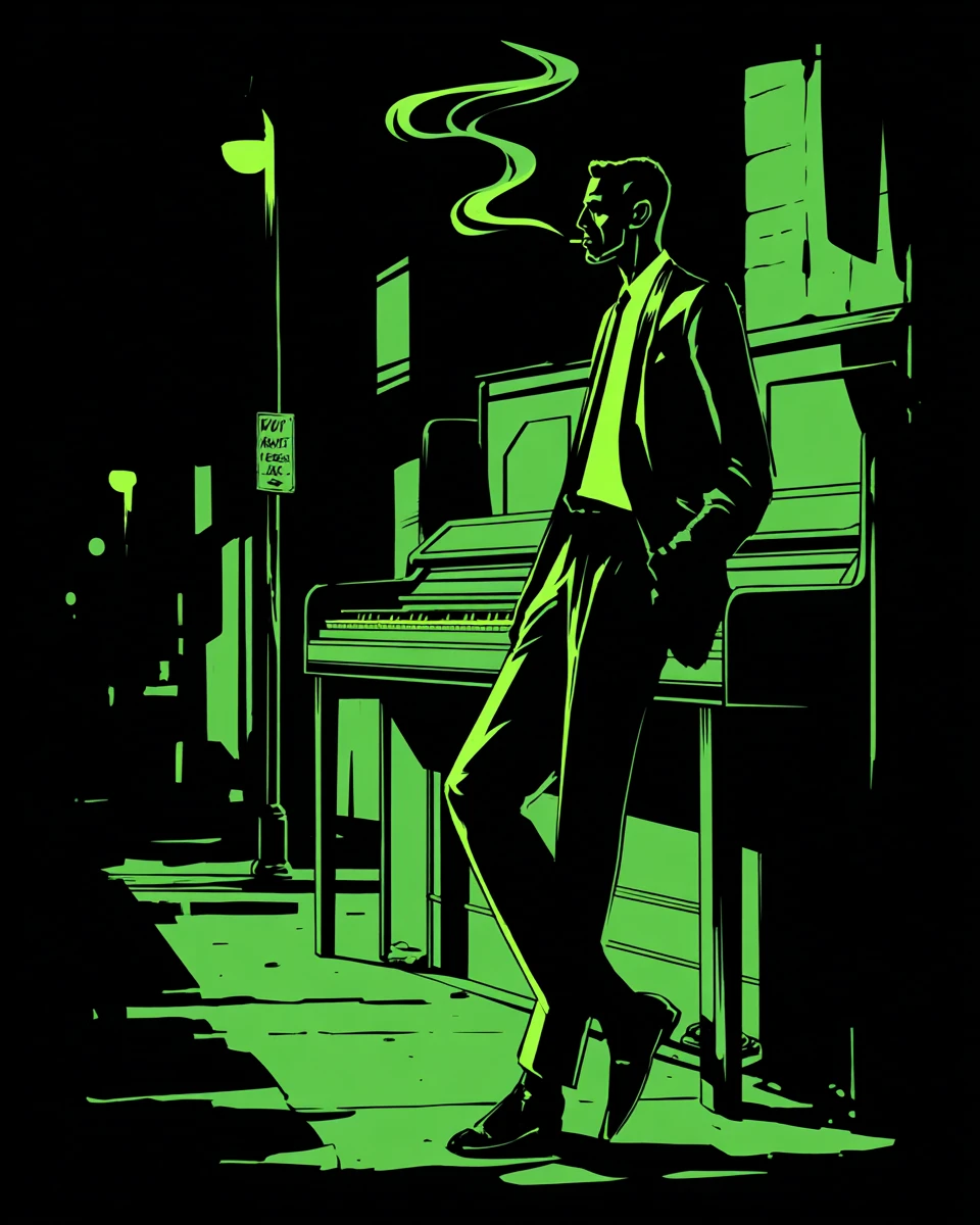 Sharp suited man by Hammond organ on neon city sidewalk