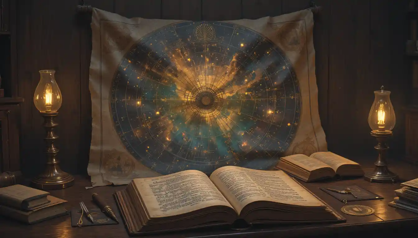 Vintage celestial map and glowing book on wooden desk
