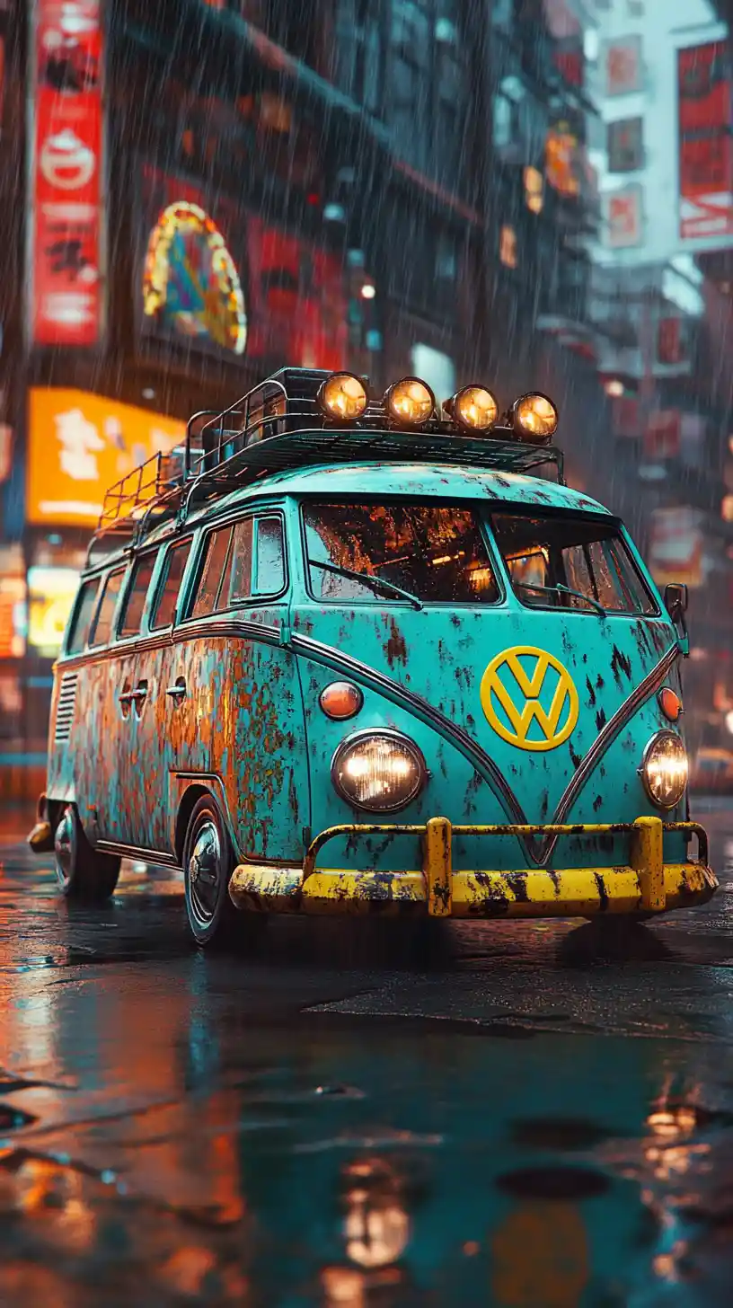 Vintage van on a rainy neon lit city street