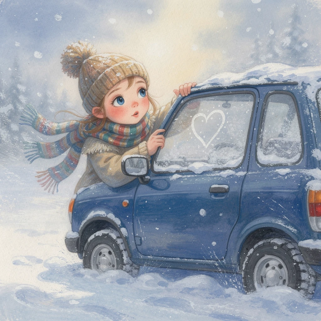 Niña dibujando un corazón en la ventana nevada de un coche