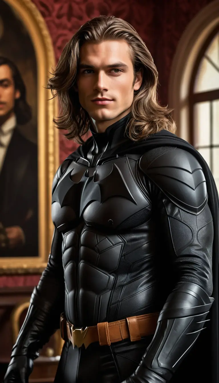 Charismatic man in black suit posing in a grand manor