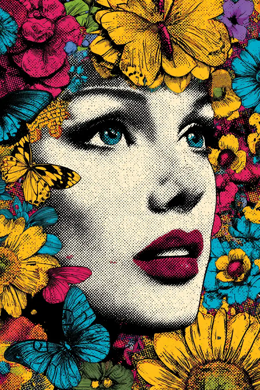 Surreal halftone portrait of a woman with butterflies
