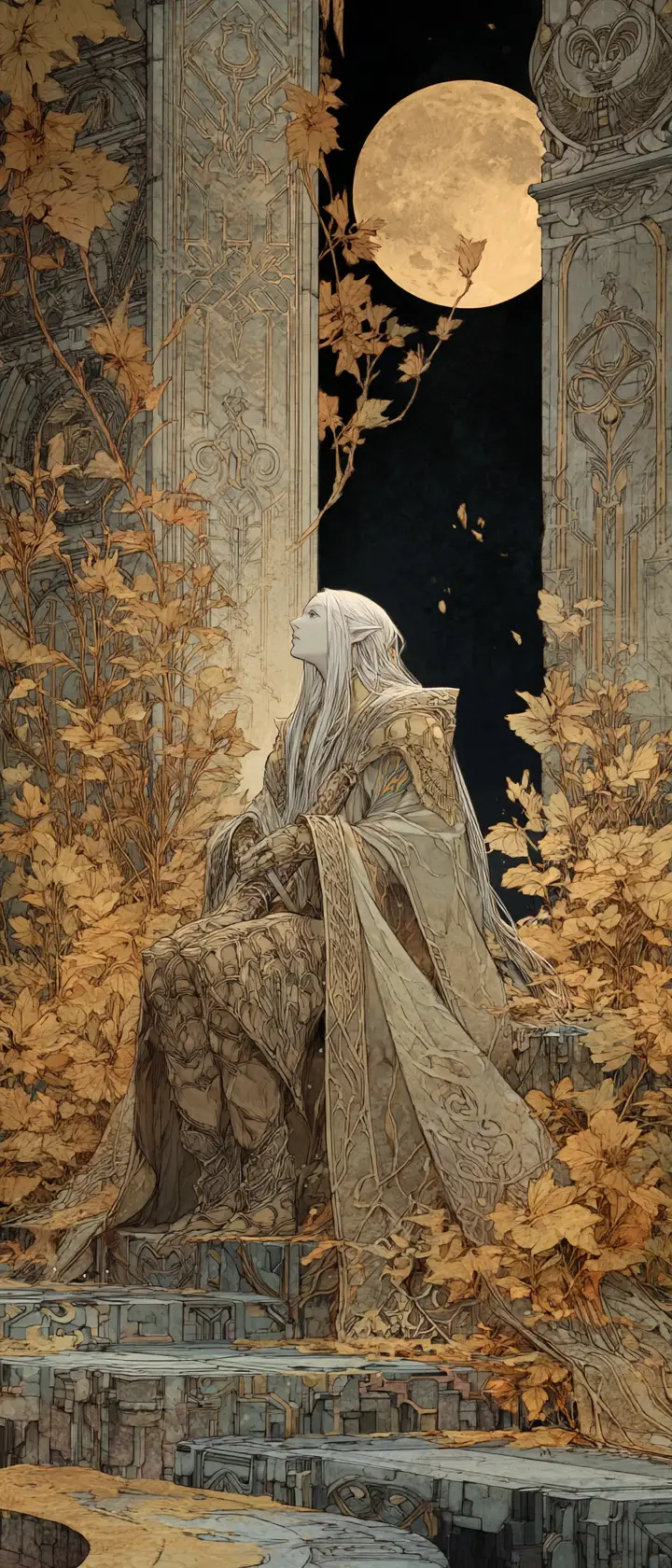 Ancient Spirit Guardian Meditating In A Ruined Temple
