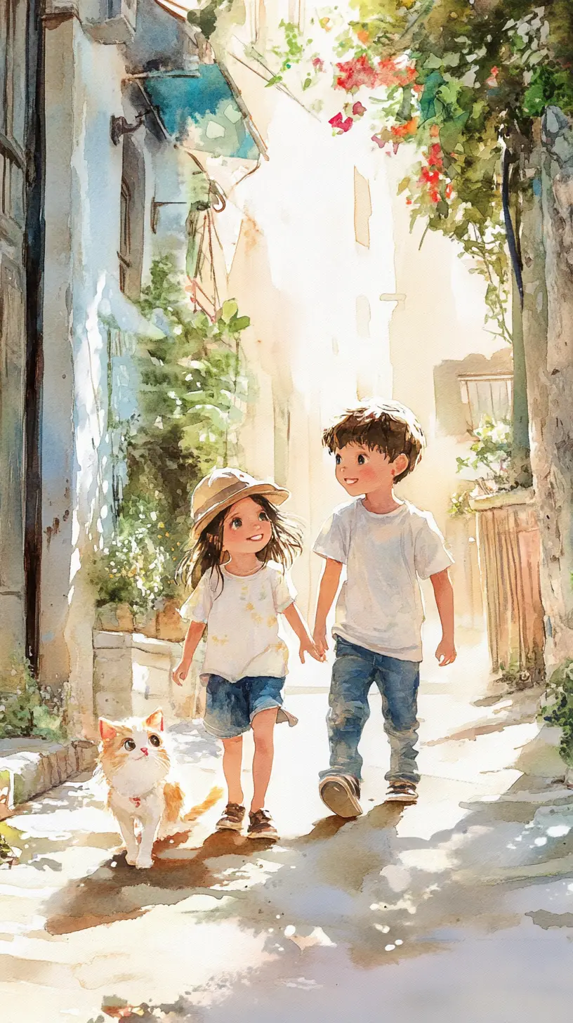 Watercolor children in a sunny tunisian street with cat