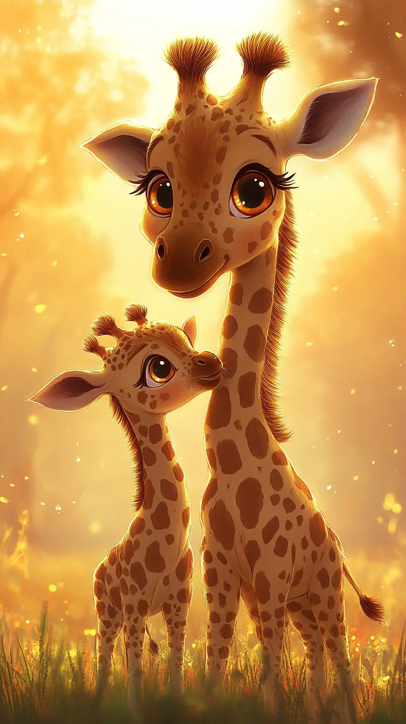 Cute chibi giraffe mother and calf at sunset savanna