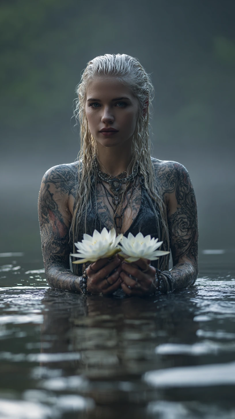 Tattooed blonde woman holding lilies in a misty lake