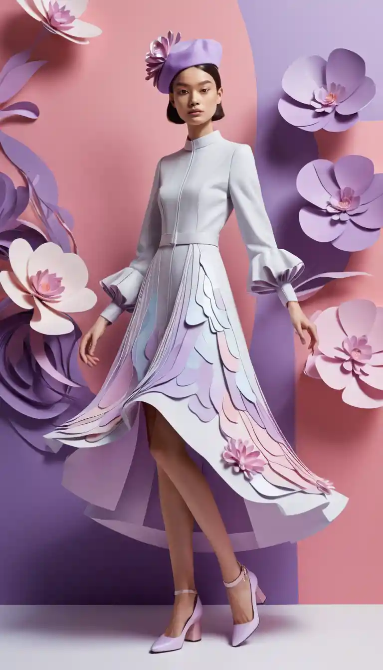 Donna fashion scolpita nella carta in una morbida scena futuristica