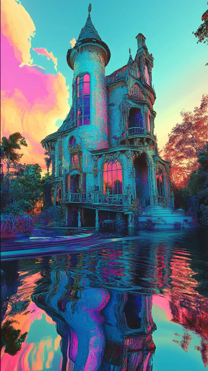 Surreales, verdrehtes Haus, das aus einer schleifenartigen Traumwelt hervortritt