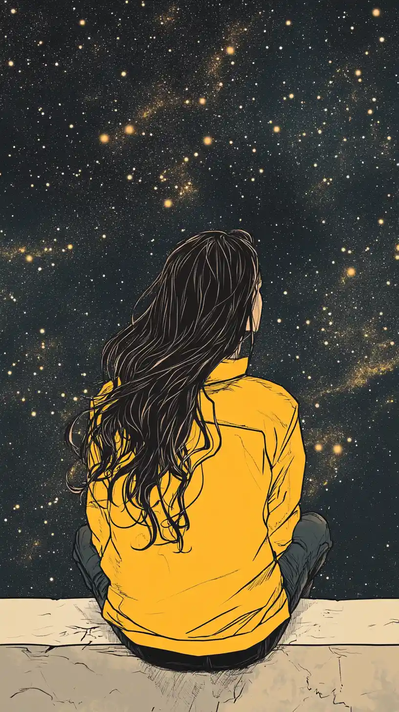 Girl In Yellow Jacket Gazing At A Starry Sky