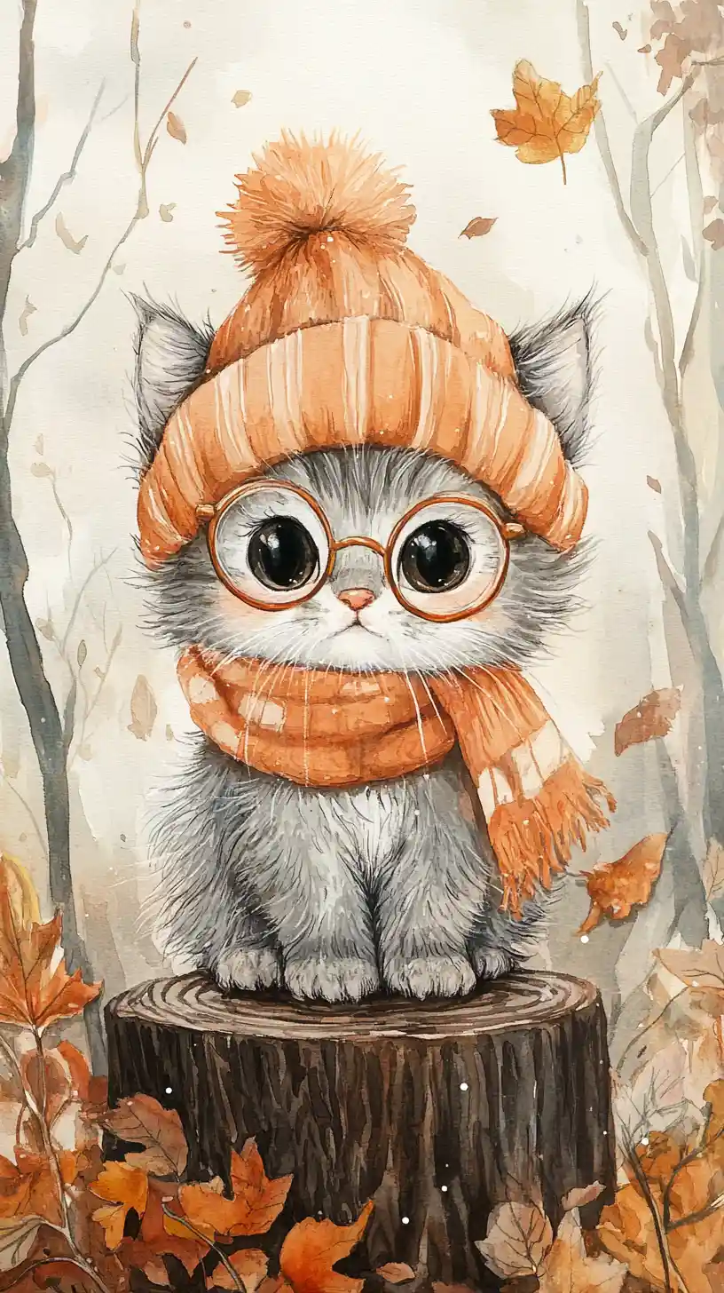 Watercolor kitten on tree stump in autumn forest