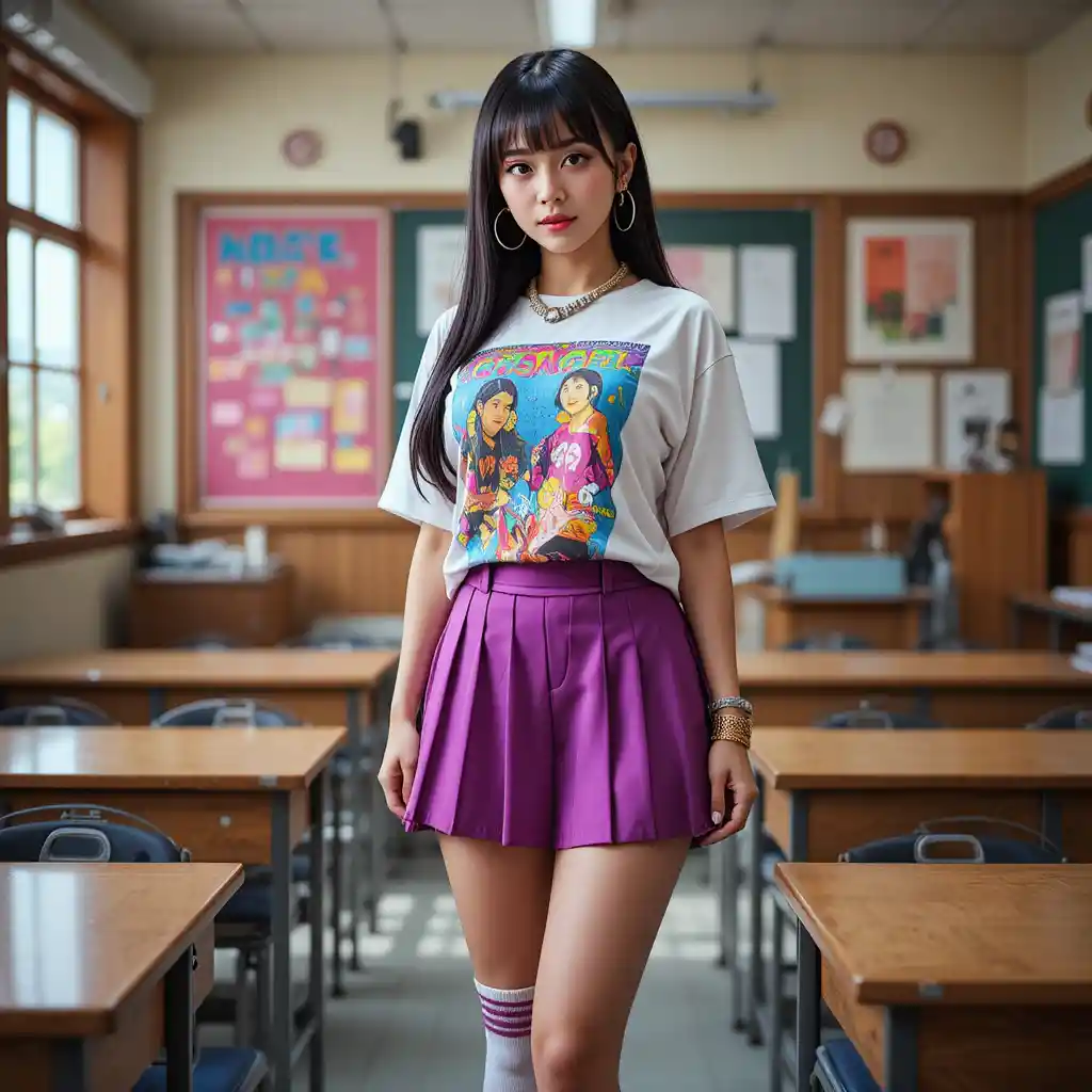 Confident Japanese gyaru girl posing in bright classroom